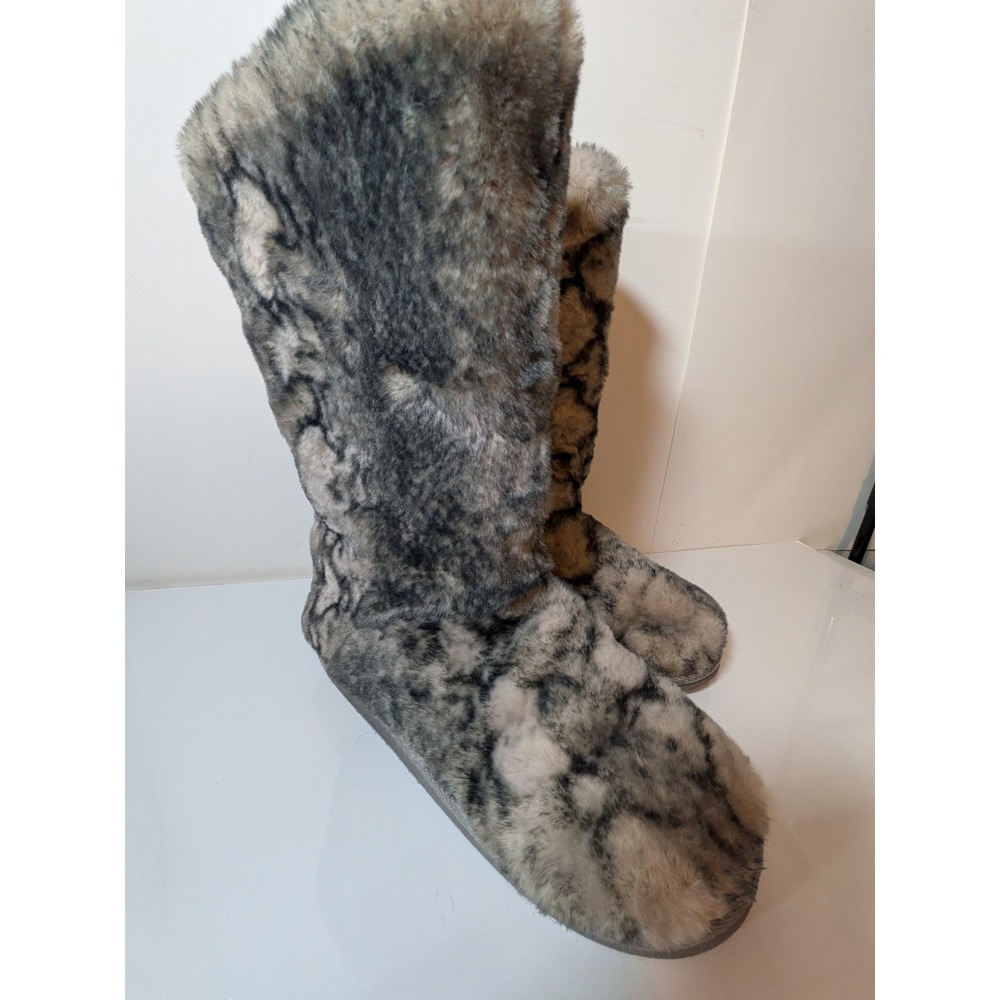Faux Fur Animal Print Tall Slipper Boots Grey Cream Fleece Lined Size 8